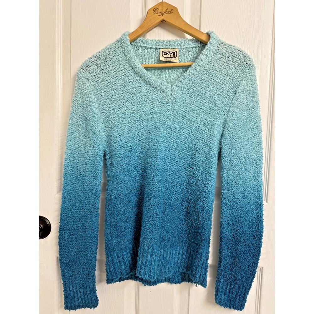 Vintage SKIVA Ombre Knit Sweater Blue V-Neck 70's 80's Textured Women's Large